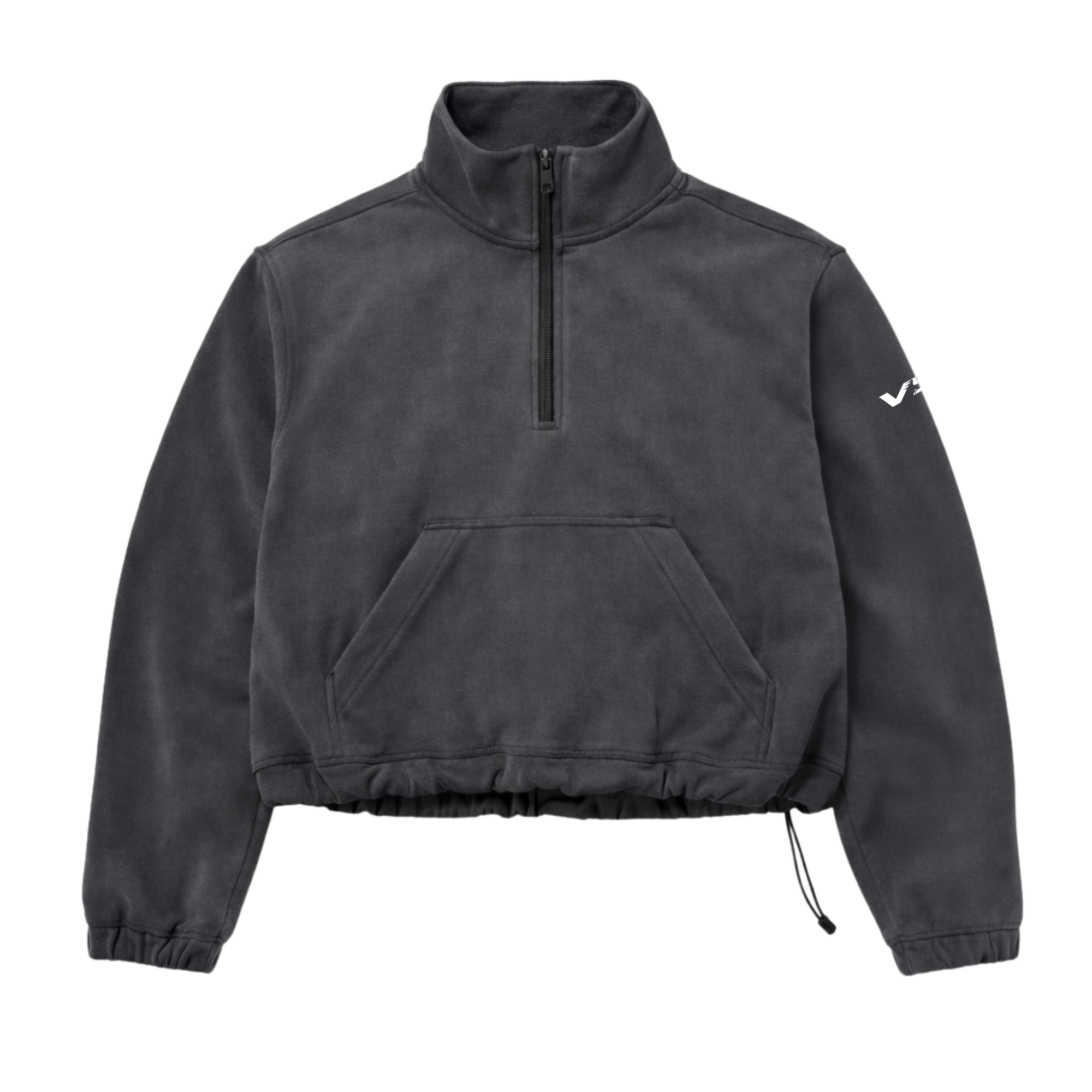 Dark gray half-zip pullover with brand logo on sleeve against a white background