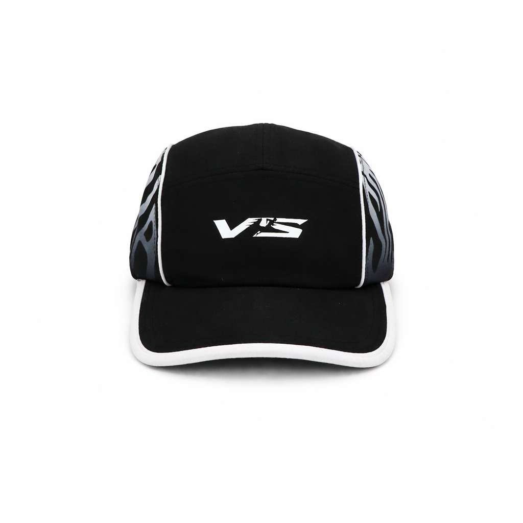 Black and white cap with a logo on a white background