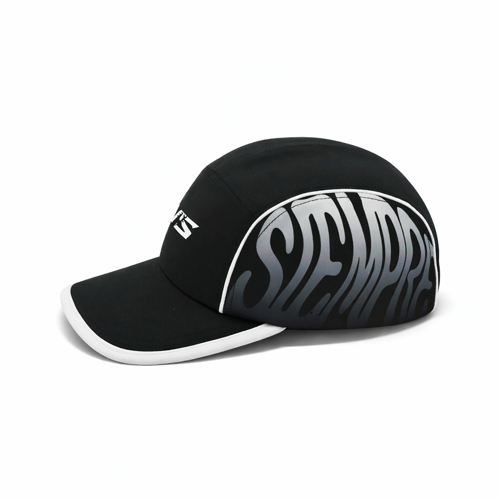 Black cap with white and gray logo on a white background