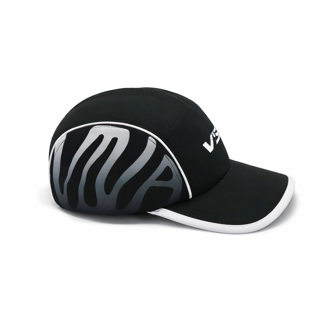 Black cap with white and gray design on a white background