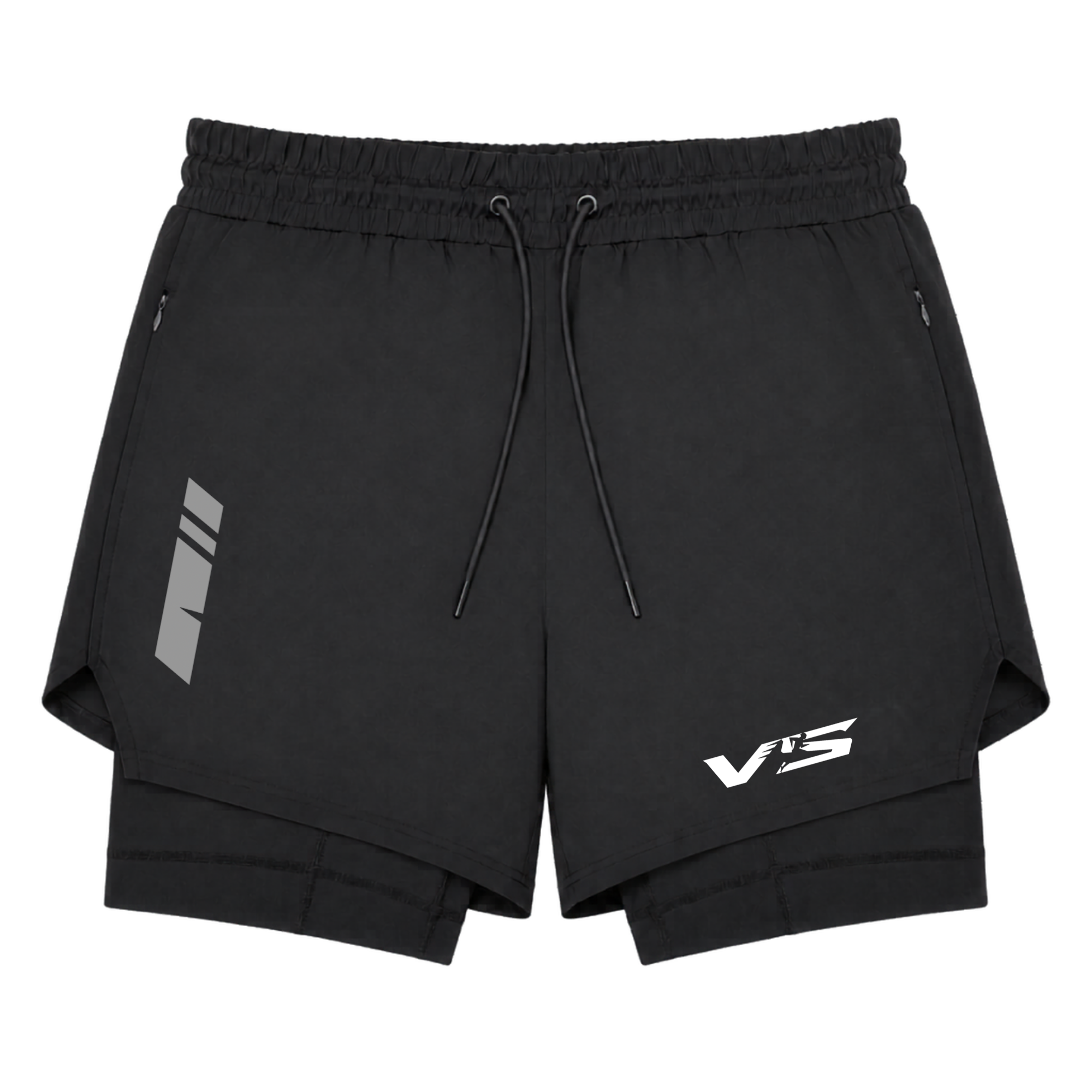 Black shorts with a brand logo on a white background