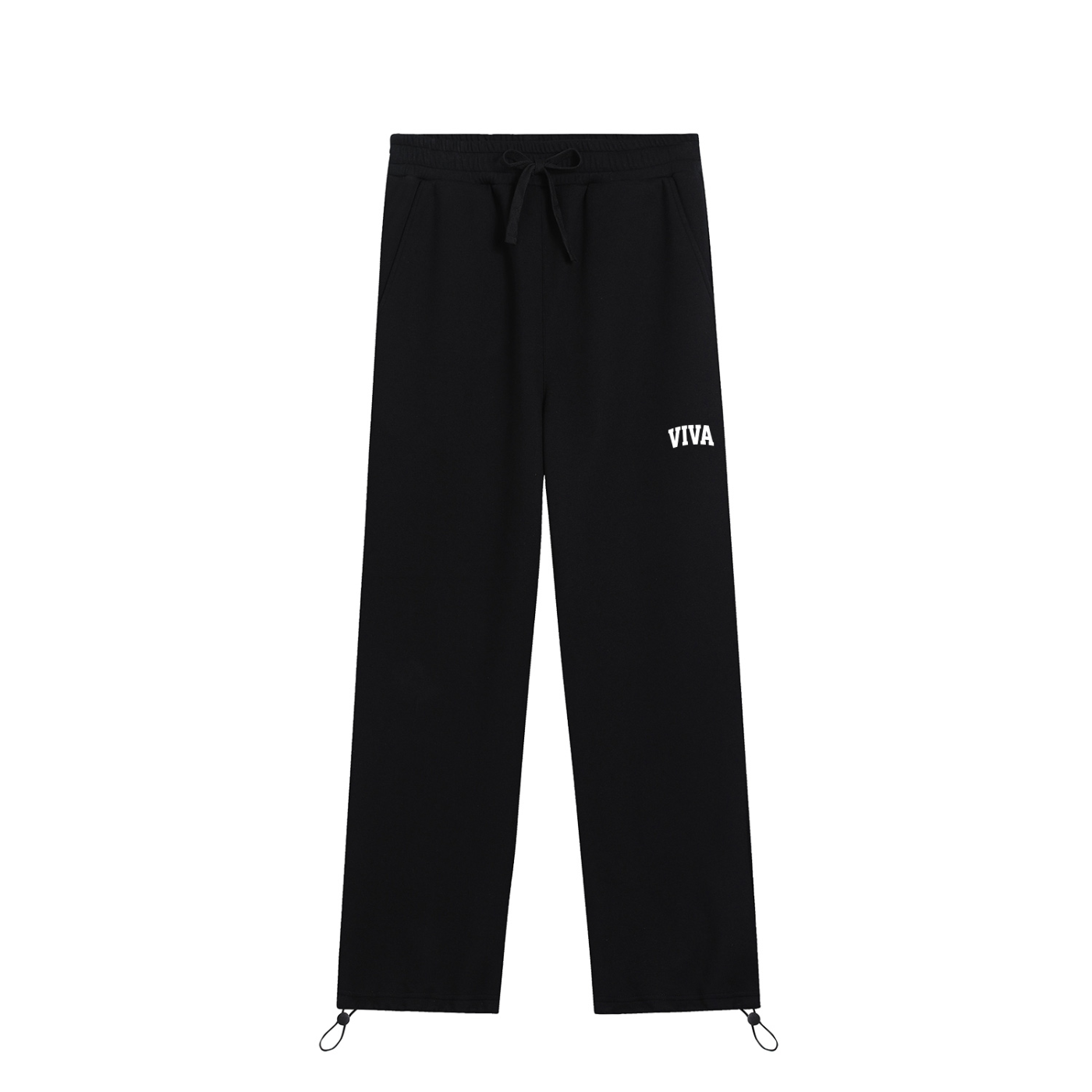 Black pants with 'VIVA' logo on a white background