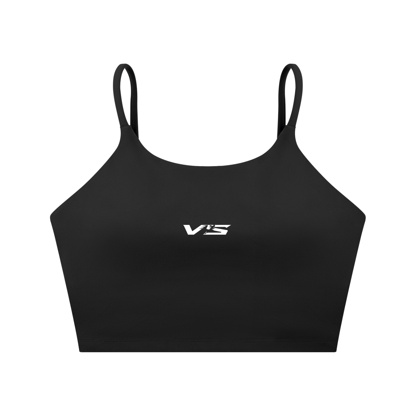 Black sports bra with 'VS' logo on a white background